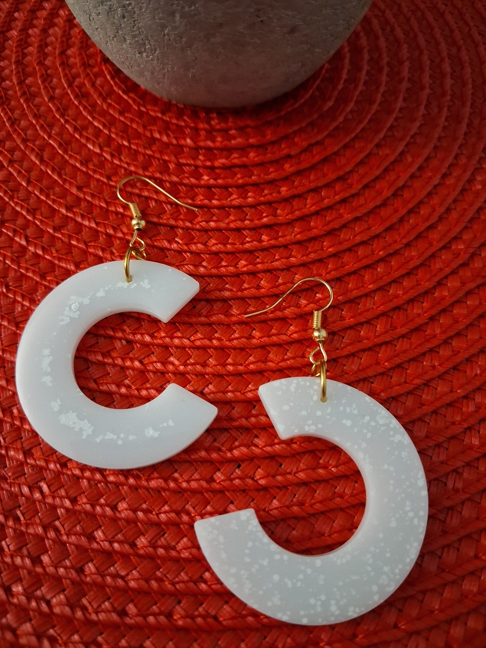 C-Shaped White Speckled Drop Earrings with Gold Hooks